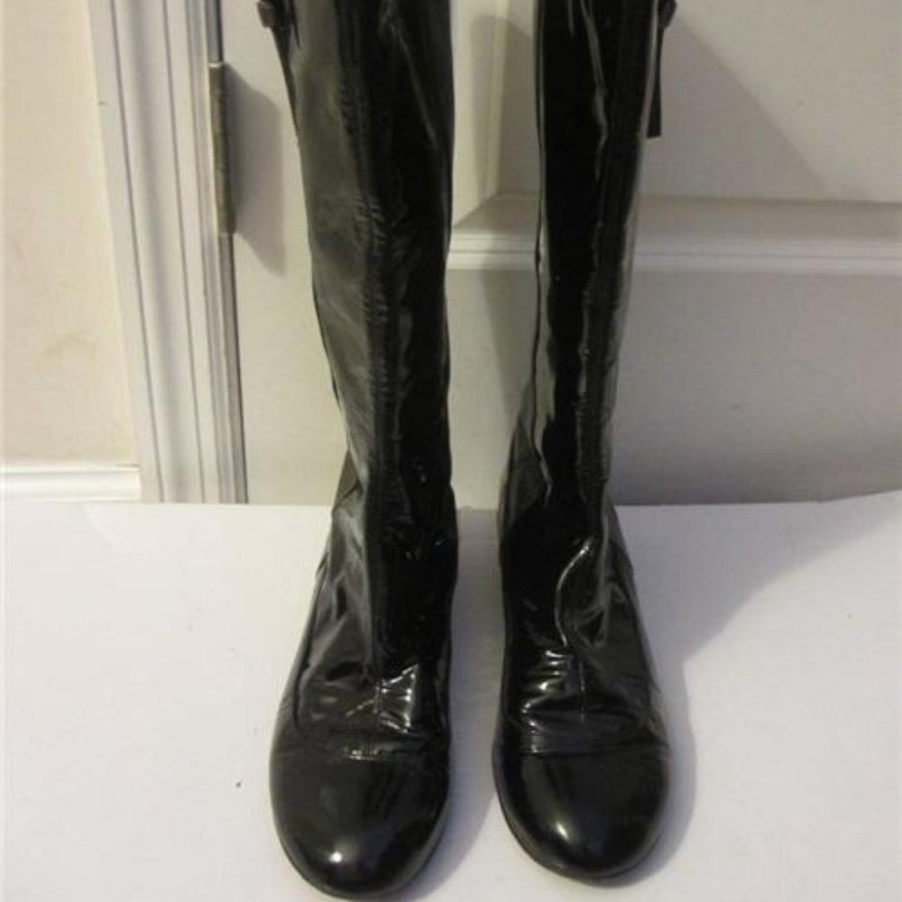 THEORY BLACK/GRAY PATENT LEATHER BOOTS SIZE 8 1/2